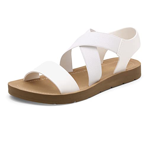 DREAM PAIRS Womens Open Toe Elastic Ankle Strap Flat Summer Sandal, White-2-9.5 (Elena-2)