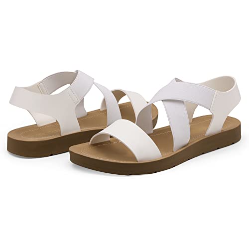 DREAM PAIRS Womens Open Toe Elastic Ankle Strap Flat Summer Sandal, White-2-9.5 (Elena-2)