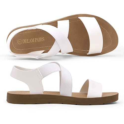 DREAM PAIRS Womens Open Toe Elastic Ankle Strap Flat Summer Sandal, White-2-9.5 (Elena-2)