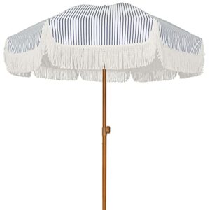 ammsun 7ft patio umbrella with fringe outdoor tassel umbrella upf50+ premium steel pole and ribs push button tilt,navy blue stripes