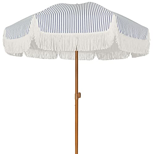 AMMSUN 7ft Patio Umbrella with Fringe Outdoor Tassel Umbrella UPF50+ Premium Steel Pole and Ribs Push Button Tilt,Navy Blue Stripes