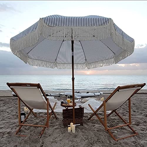 AMMSUN 7ft Patio Umbrella with Fringe Outdoor Tassel Umbrella UPF50+ Premium Steel Pole and Ribs Push Button Tilt,Navy Blue Stripes