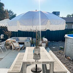 AMMSUN 7ft Patio Umbrella with Fringe Outdoor Tassel Umbrella UPF50+ Premium Steel Pole and Ribs Push Button Tilt,Navy Blue Stripes