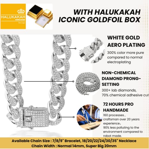 Halukakah Gold Chain Iced Out for Men,Men's 14MM Miami Cuban Link Chain Choker Necklace 20In(50cm) Platinum White Gold Finish,Full Cz Diamond Cut Prong Set,Gift for Him