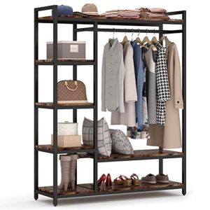 little tree free-standing closet organizer, heavy duty clothes closet, portable garment rack with 6 shelves and hanging rod, black metal frame&rustic board finish
