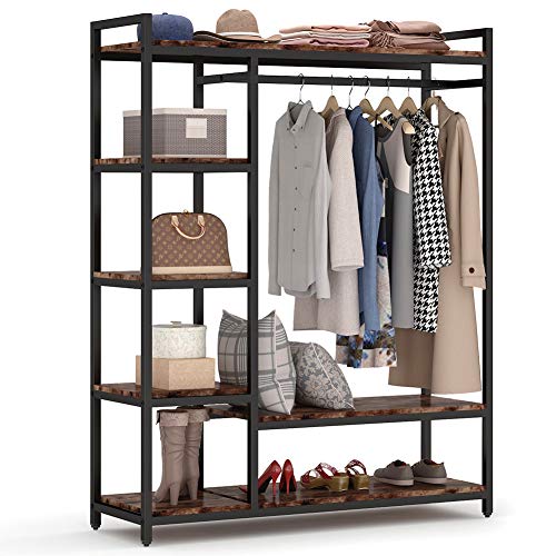 LITTLE TREE Free-standing Closet Organizer, Heavy Duty Clothes Closet, Portable Garment Rack with 6 Shelves and Hanging rod, Black Metal Frame&Rustic Board Finish