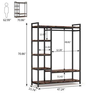 LITTLE TREE Free-standing Closet Organizer, Heavy Duty Clothes Closet, Portable Garment Rack with 6 Shelves and Hanging rod, Black Metal Frame&Rustic Board Finish