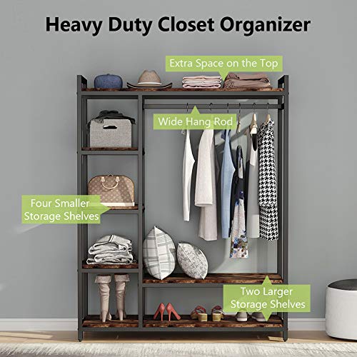 LITTLE TREE Free-standing Closet Organizer, Heavy Duty Clothes Closet, Portable Garment Rack with 6 Shelves and Hanging rod, Black Metal Frame&Rustic Board Finish