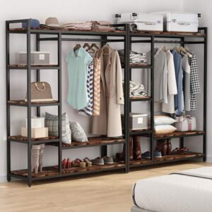 LITTLE TREE Free-standing Closet Organizer, Heavy Duty Clothes Closet, Portable Garment Rack with 6 Shelves and Hanging rod, Black Metal Frame&Rustic Board Finish