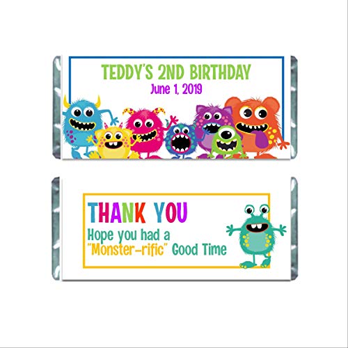 Monster Candy Wrappers for Chocolate, Personalized Kids Birthday Party Favors, Pack of 20 Custom Hershey Bar Labels