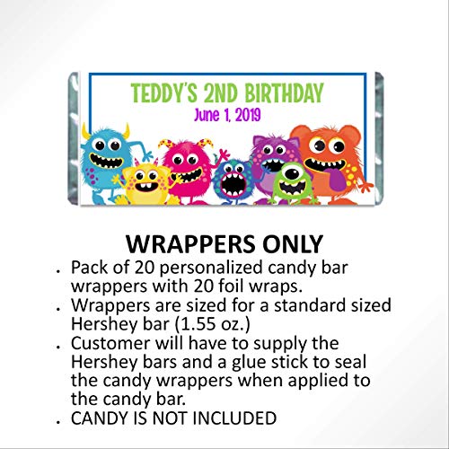 Monster Candy Wrappers for Chocolate, Personalized Kids Birthday Party Favors, Pack of 20 Custom Hershey Bar Labels