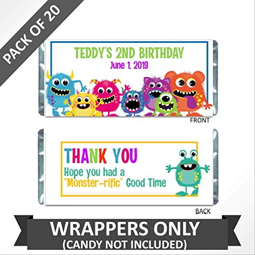 Monster Candy Wrappers for Chocolate, Personalized Kids Birthday Party Favors, Pack of 20 Custom Hershey Bar Labels