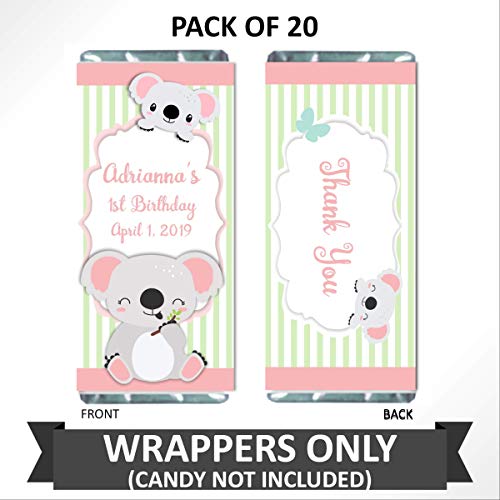 Koala Candy Wrappers for Chocolate, Personalized Party Favors for Kids Birthday, Pack of 20, Custom Hershey Bar Labels