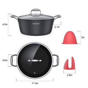 ItsMillers Ultra Nonstick Modern Hard-Anodized Stock Pot, 6 qt Induction Kitchen Cookware Dutch Oven with Silicone Oven Mitts,Oven Safe Black