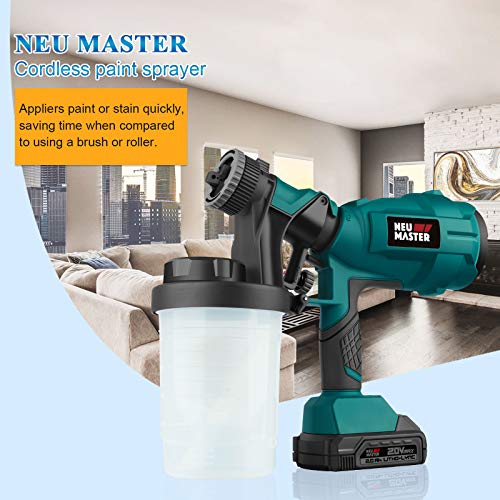 Cordless Paint Sprayer, NEU MASTER Electric HVLP Powerful Spray Gun with 3 Spray Patterns and Adjustable Valve Knob for Painting Ceiling, Fence, Cabinets, Walls Green