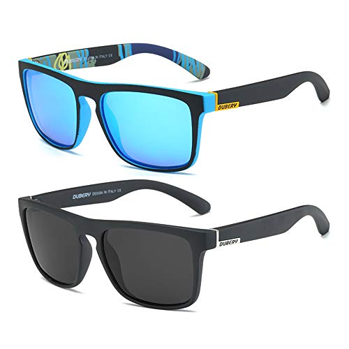 DUBERY Classic Polarized Sunglasses for Men Women Retro 100% UV Protection Driving Sun Glasses D731,2 Pack (Black/Blue+Black/Black)