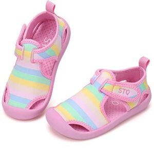 stq girls water shoes quick dry summer sports beach swim pool outdoor sandals (toddler/little kid) pink/rainbow 5 m us toddler