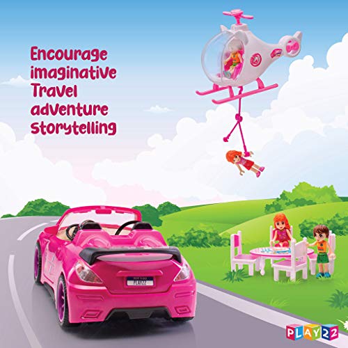 Play22 Pink Convertible 2-Seater Vehicle Doll Accessories with Lights and Sounds 10 Pc - Car for Dolls Set - Toy Car Includes Helicopter Doll, 2 Figurines, Dining Table Set - Great Gift