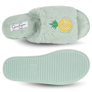 Jessica Simpson Women's Plush Faux Fur Fuzzy Slide on Open Toe Slipper, Mint, Large