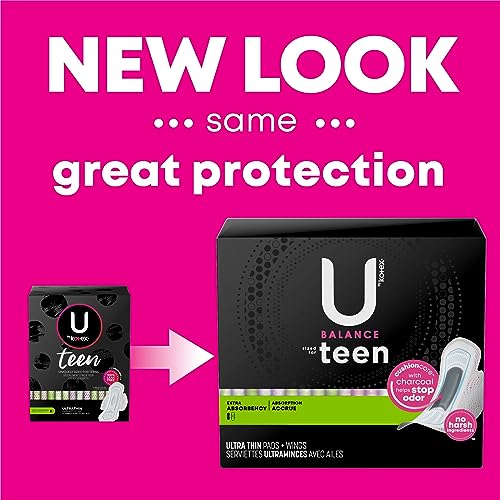 U by Kotex Balance Sized for Teens Ultra Thin Pads with Wings, Extra Absorbency, 56 Count (4 Packs of 14) (Packaging May Vary)