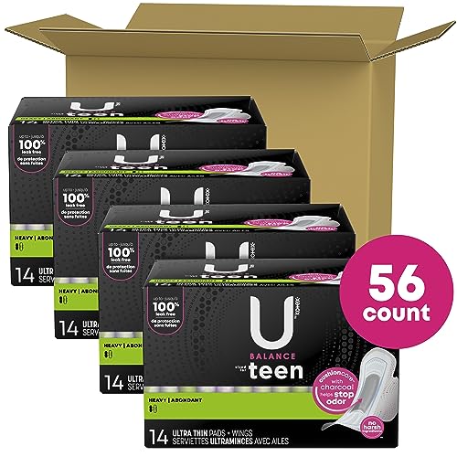 U by Kotex Balance Sized for Teens Ultra Thin Pads with Wings, Extra Absorbency, 56 Count (4 Packs of 14) (Packaging May Vary)