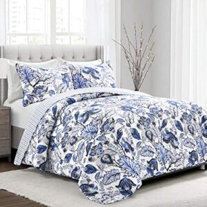 lush decor cynthia jacobean quilt 3 piece reversible bedding set, king, blue