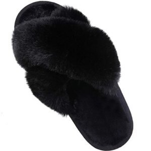 comwarm women's cross band fuzzy slippers fluffy open toe house slippers cozy plush bedroom shoes indoor outdoor, black size 7-8