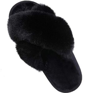 Comwarm Women's Cross Band Fuzzy Slippers Fluffy Open Toe House Slippers Cozy Plush Bedroom Shoes Indoor Outdoor, Black Size 7-8