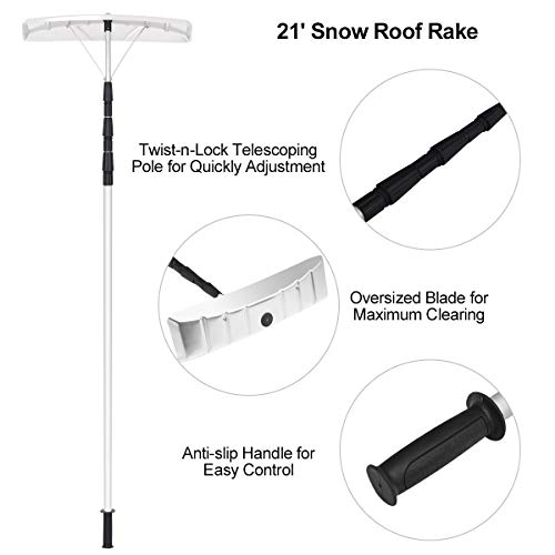 GYMAX Roof Rake,21ft Aluminum Snow Roof Rake with Twist-n-Lock Telescoping Handle & Big Blade, Extendable Roof Shovel for Snow Removal, Wet Leaf, Dribs (Silver)