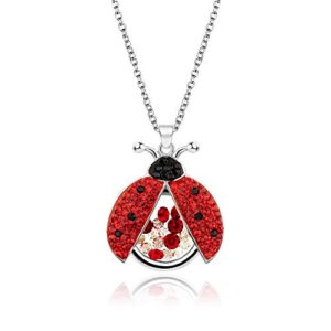 superchic cute red and black ladybug beetle pendant necklace with cubic zirconia floating crystals for women/girl (silver plating)