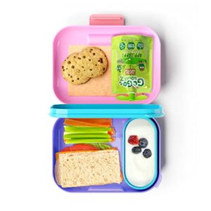zoku - mini bento box for kids, stackable, lightweight, leakproof, for children, kid friendly latch, easy to clean (bento jr) (pink)