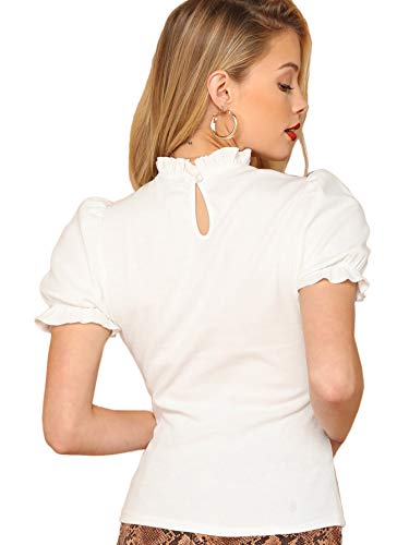 Floerns Women's Casual Frill Mock Neck Short Puff Sleeve Keyhole Back Work Office Blouse A White L