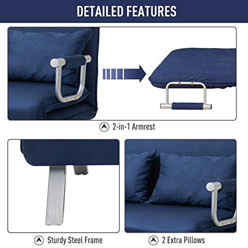 HOMCOM Convertible Sofa Bed Sleeper Chair, 5 Position Adjustable Backrest, Armchair Sleeper with Pillows, Leisure Chaise Lounge Couch, Blue