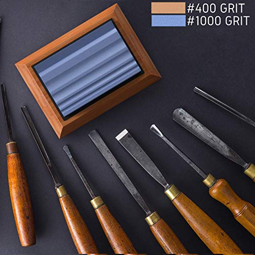 Sharp Pebble Sharpening Stones for Wood Carving Tools-Two Whetstones Grit 400 & 1000 Gouge Sharpener- Waterstone Sharpening System for Wood Carving Knives & Chisels with Non-Slip Bamboo Base