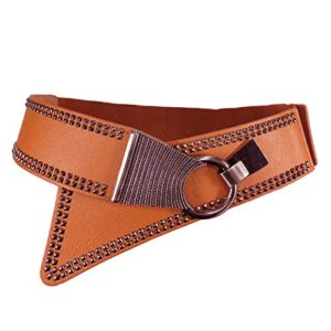 women's fashion vintage wide waist belt elastic stretch cinch belts with interlock buckle,brown