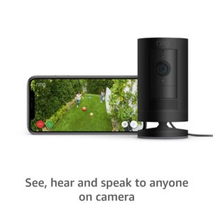 Certified Refurbished Ring Stick Up Cam Plug-In HD security camera with two-way talk, Works with Alexa - Black