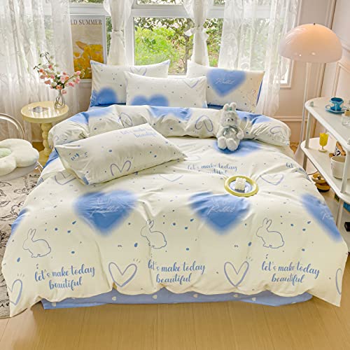 BlueBlue Rabbit Kids Duvet Cover Set Twin, 100% Cotton Bedding for Boys Girls Teens Single Bed, Cartoon Bunny Blue Heart on White, 1 Cute Kawaii Comforter Cover 2 Pillowcase (Twin, Rabbit Blue)