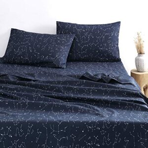 wake in cloud - constellation sheet set, navy blue with white space stars pattern printed, soft microfiber bedding (4pcs, full size)
