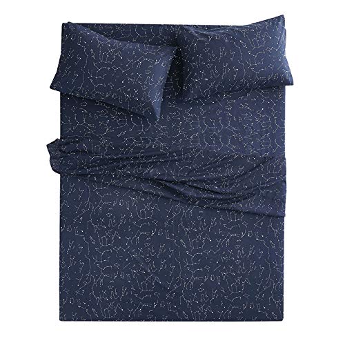 Wake In Cloud - Constellation Sheet Set, Navy Blue with White Space Stars Pattern Printed, Soft Microfiber Bedding (4pcs, Full Size)