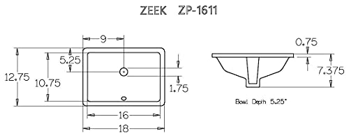 Zeek Undermount Bathroom Sink 16x11 Small Rectangle Narrow Vanity Sink - White - Fits 18 Inch Vanity - With Overflow - 16 Inch by 11 Inch Opening - Vitreous china ceramic (ZP-1611, 1)