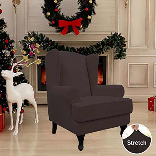 Easy-Going Stretch Wingback Chair Sofa Slipcover 2-Piece Sofa Cover Furniture Protector Couch Soft with Elastic Bottom, Spandex Jacquard Fabric Small Checks, Chocolate