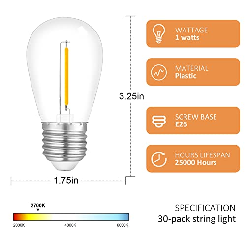 Visther 30-Pack Outdoor String Light Bulbs, Waterproof S14 Replacement Bulb, E26 Base, 1W 120V, 2700K Warm White