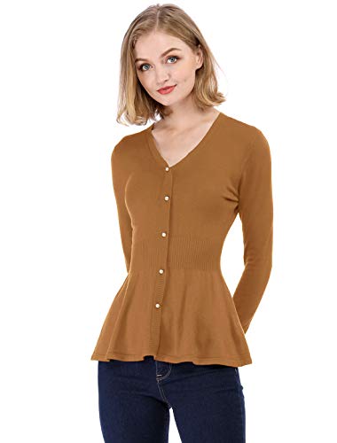 Allegra K Women's Peplum Sweater Ribbed V Neck Long Sleeve Knit Peplum Tops X-Small Brown