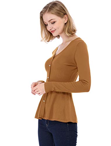 Allegra K Women's Peplum Sweater Ribbed V Neck Long Sleeve Knit Peplum Tops X-Small Brown