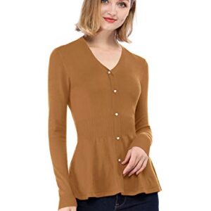 Allegra K Women's Peplum Sweater Ribbed V Neck Long Sleeve Knit Peplum Tops X-Small Brown