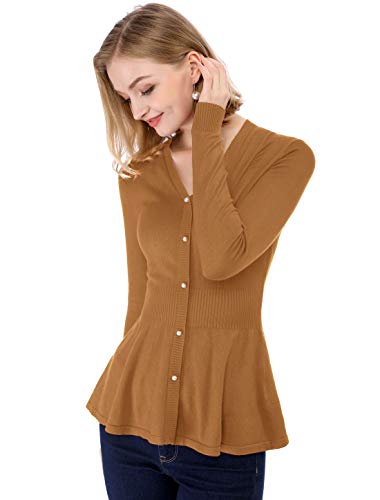 Allegra K Women's Peplum Sweater Ribbed V Neck Long Sleeve Knit Peplum Tops X-Small Brown