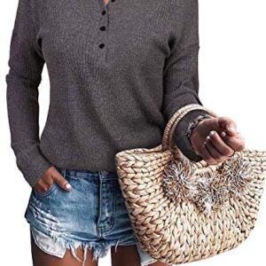 Womens Henley Shirts V Neck Long Sleeve Button Down Tops Warm Waffle Knit Tees (Large, Dark Grey)