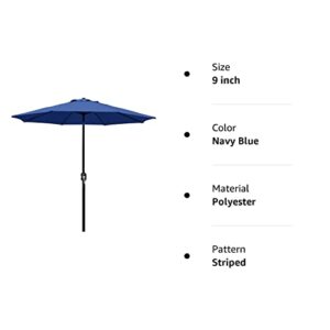 Blissun 9' Outdoor Patio Umbrella, Striped Market Umbrella with Push Button Tilt and Crank (Navy Blue)