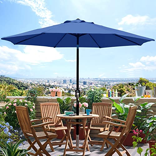 Blissun 9' Outdoor Patio Umbrella, Striped Market Umbrella with Push Button Tilt and Crank (Navy Blue)