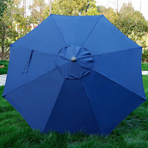 Blissun 9' Outdoor Patio Umbrella, Striped Market Umbrella with Push Button Tilt and Crank (Navy Blue)